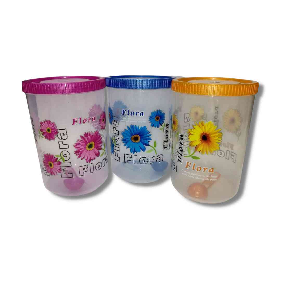 1500 ml beautiful nature Flora Priented round airtight pet plastic Set of 3 Kitchen Containers with spoon. 1500 ml beautiful nature Flora Priented round airtight pet plastic Set of 3 Kitchen Containers with spoon.