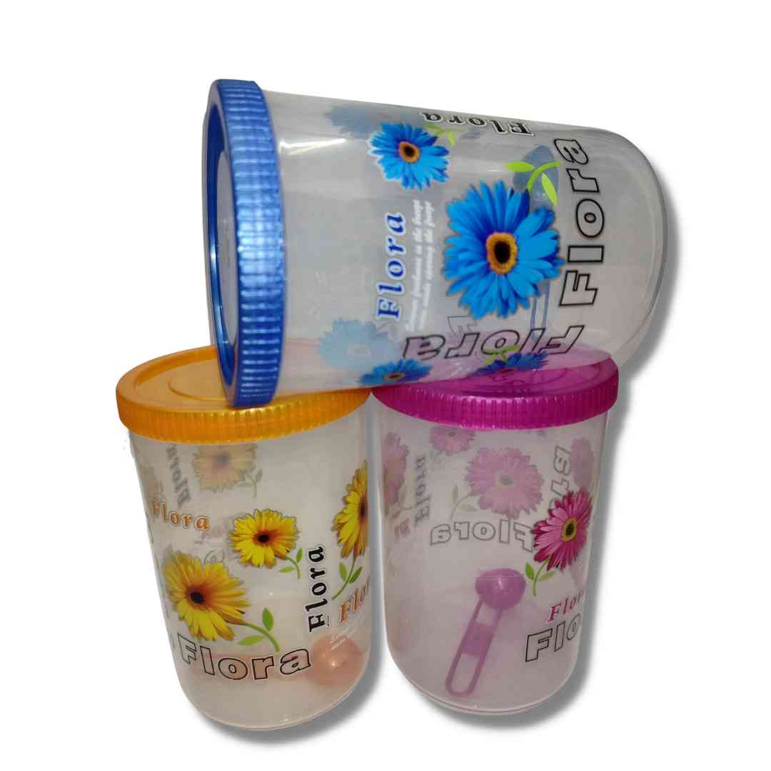 1500 ml beautiful nature Flora Priented round airtight pet plastic Set of 3 Kitchen Containers with spoon. 1500 ml beautiful nature Flora Priented round airtight pet plastic Set of 3 Kitchen Containers with spoon.