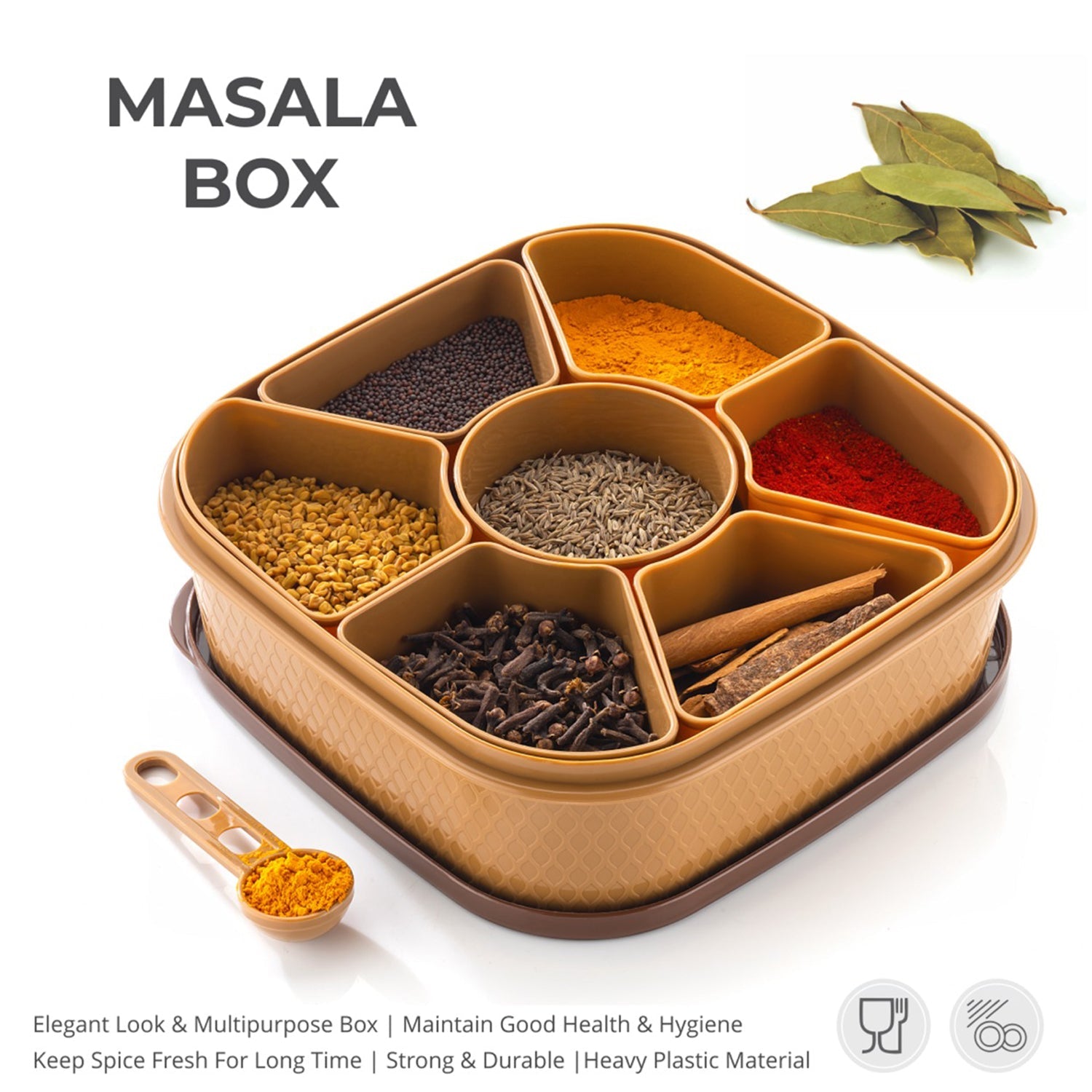 Masala Box for Keeping Spices, Spice Box for Kitchen, Masala Container, Plastic Wooden Style, 7 Sections (Multi Color). Masala Box for Keeping Spices, Spice Box for Kitchen, Masala Container, Plastic Wooden Style, 7 Sections (Multi Color).