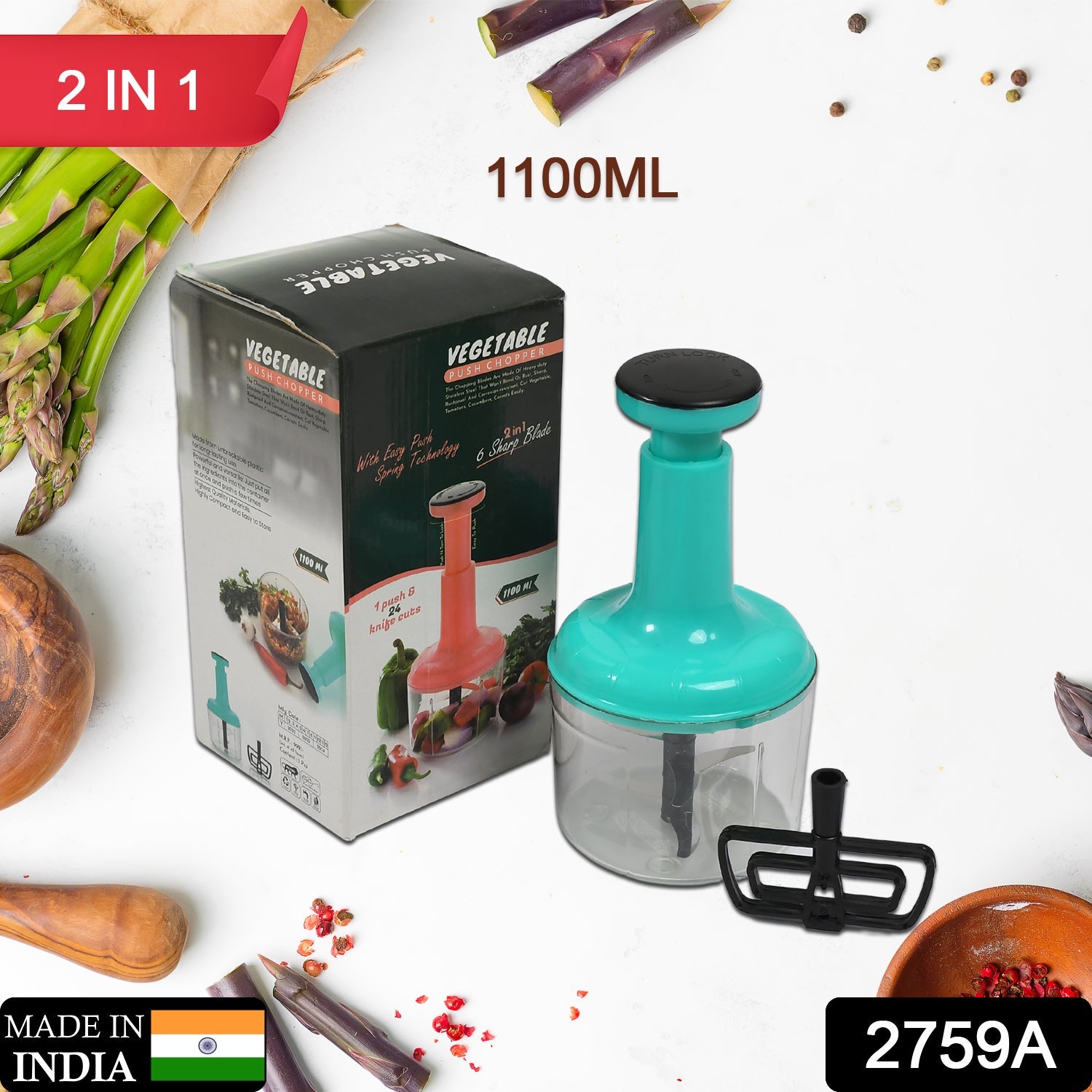5368 1100 ML 2 IN 1 PUSH UP CHOPPER WITH BLENDER AFFIXED WITH 6 SHARP BLADE, VEGETABLE AND FRUIT CUTTER WITH EASY PUSH AND CHOP BUTTON