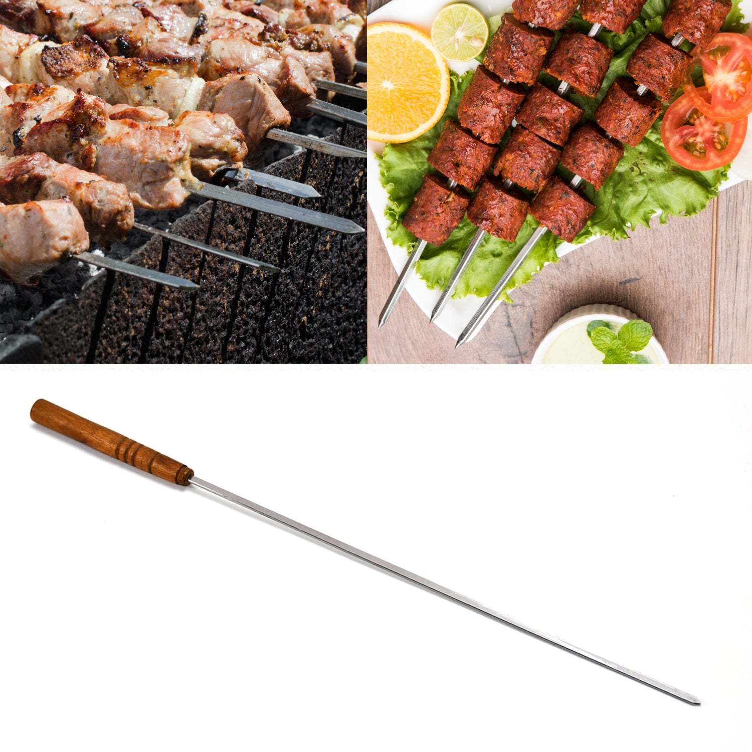 Non Bending Reusable Long Wooden Thick Handle BBQ Grill Paneer Tikka Kebab Seekh Barbeque Skewers (3 PCS)