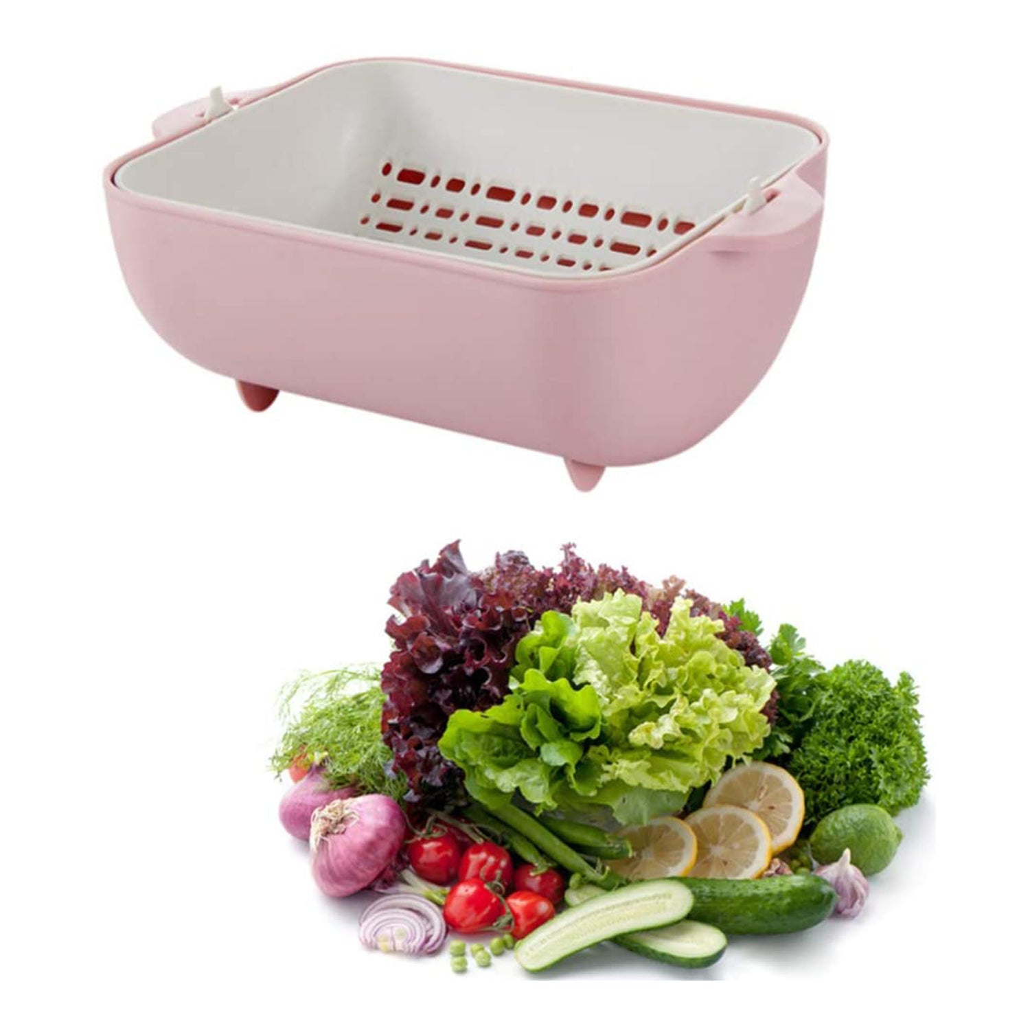 Multifunctional BPA Free Double Layered Plastic Rotatable Strainer Bowl with Handles for Washing, Rinsing, Serving Vegetables & Fruits (Multicolor)