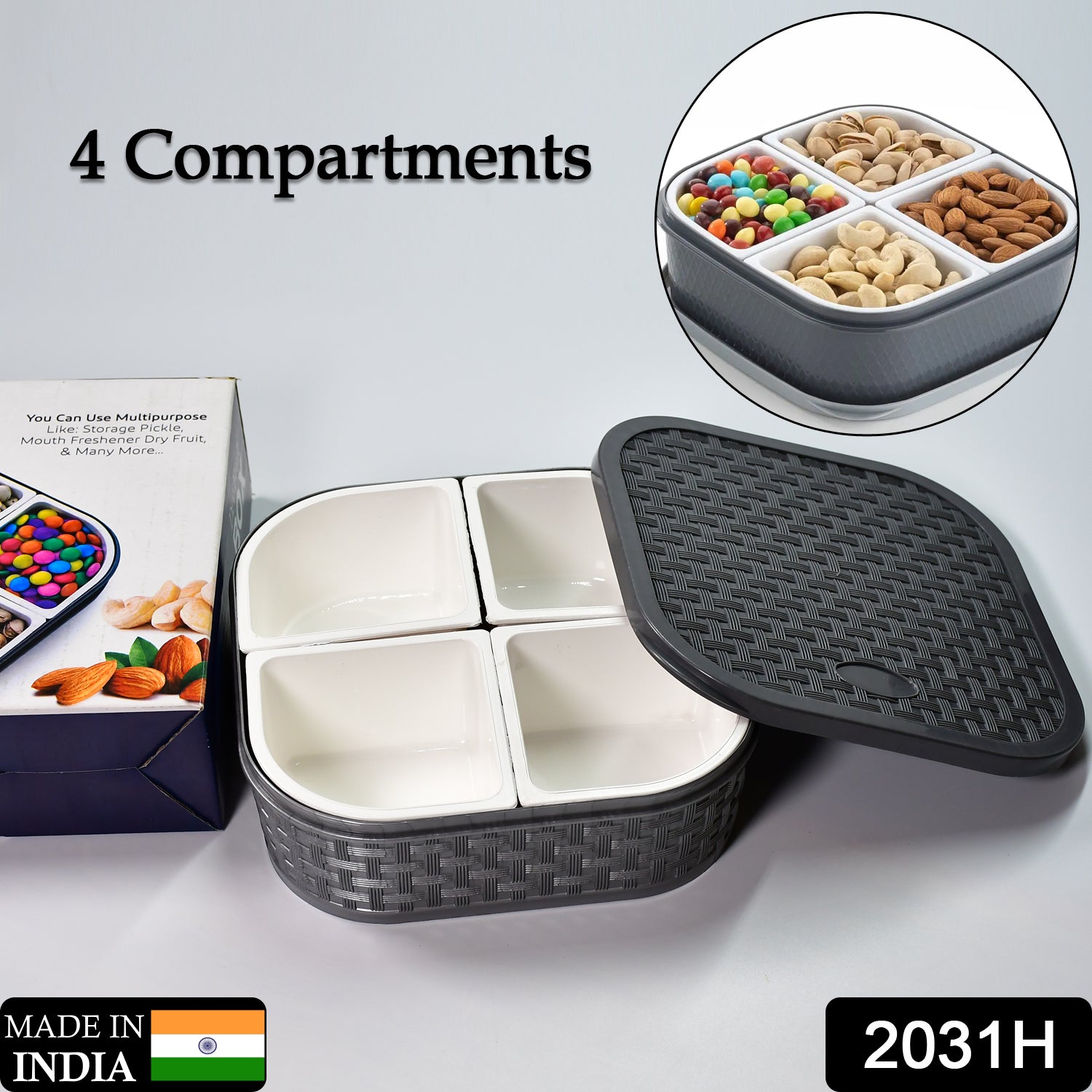 Plastic 4 Sections Multipurpose Dry Fruit /  Chocolates / Mouth Freshener / Sweet Box Set | Serving Tray.