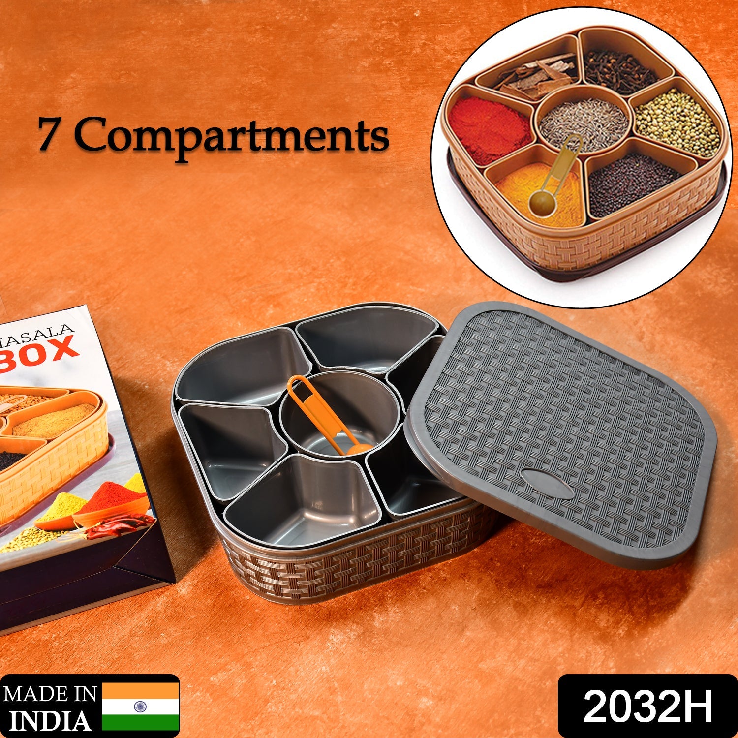 Masala Box for Keeping Spices, Spice Box for Kitchen, Masala Container, Plastic Wooden Style, 7 Sections (Multi Color).