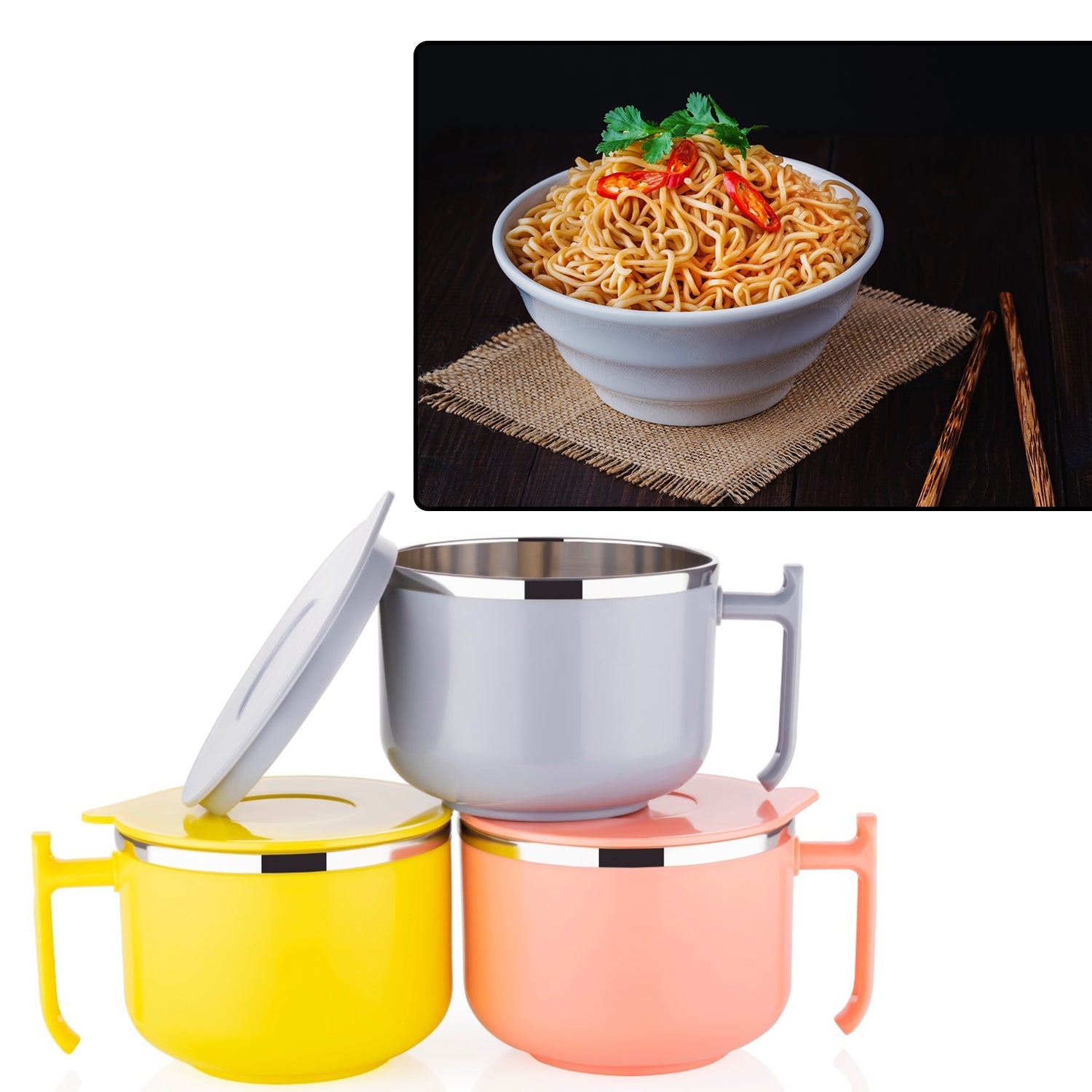 Maggie Bowl with Lid and Handle, Soup Bowls for Easy Perfect Breakfast Cereals, Fruits, Ramen, Beverages, Essentials, Dishwasher Safe Double Layer