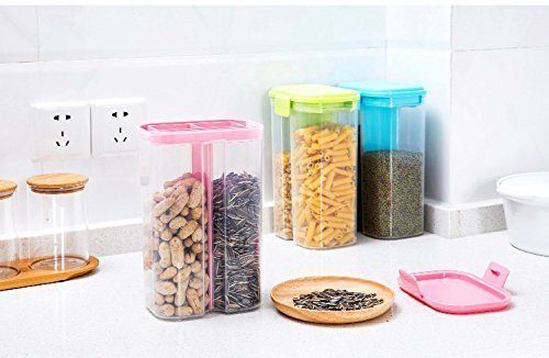 Plastic 2 Sections Air Tight Transparent Food Grain Cereal Storage Container (2 ltr) (With Box)