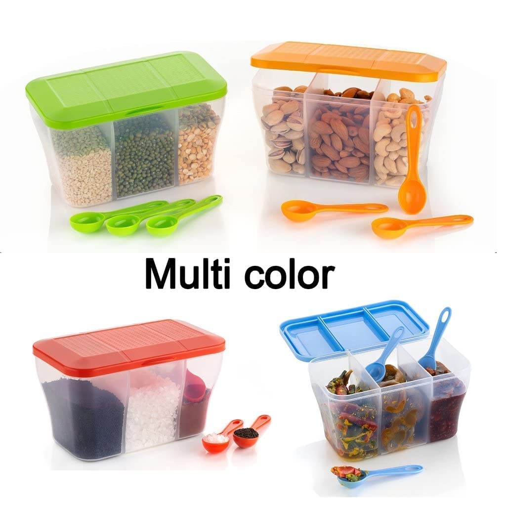 3 Sections Air Tight Food Plastic Storage Transparent Container for Kitchen, Grain, Cereal (1500 ml)