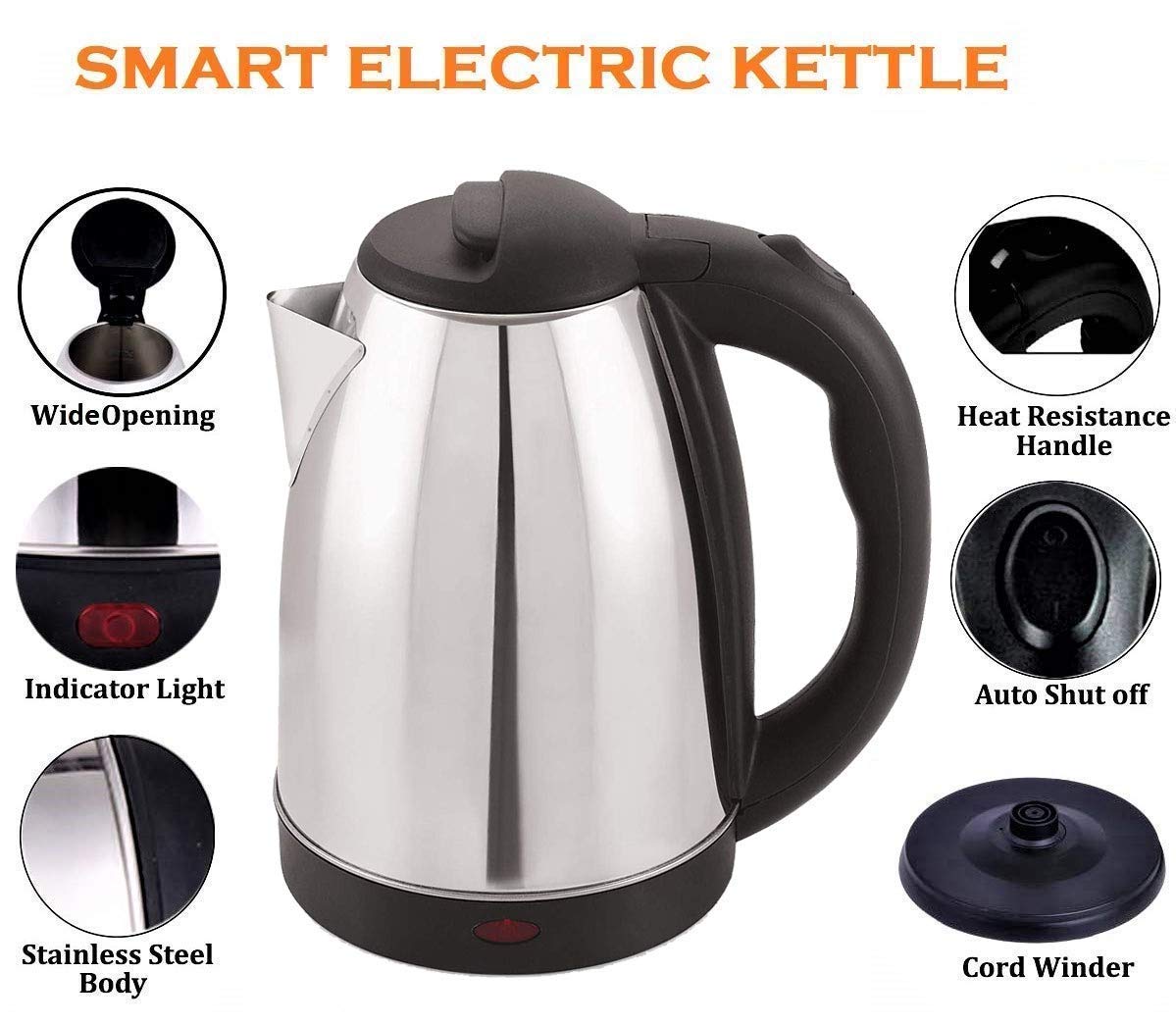 Stainless Steel Electric Kettle with Lid - 2 Litres