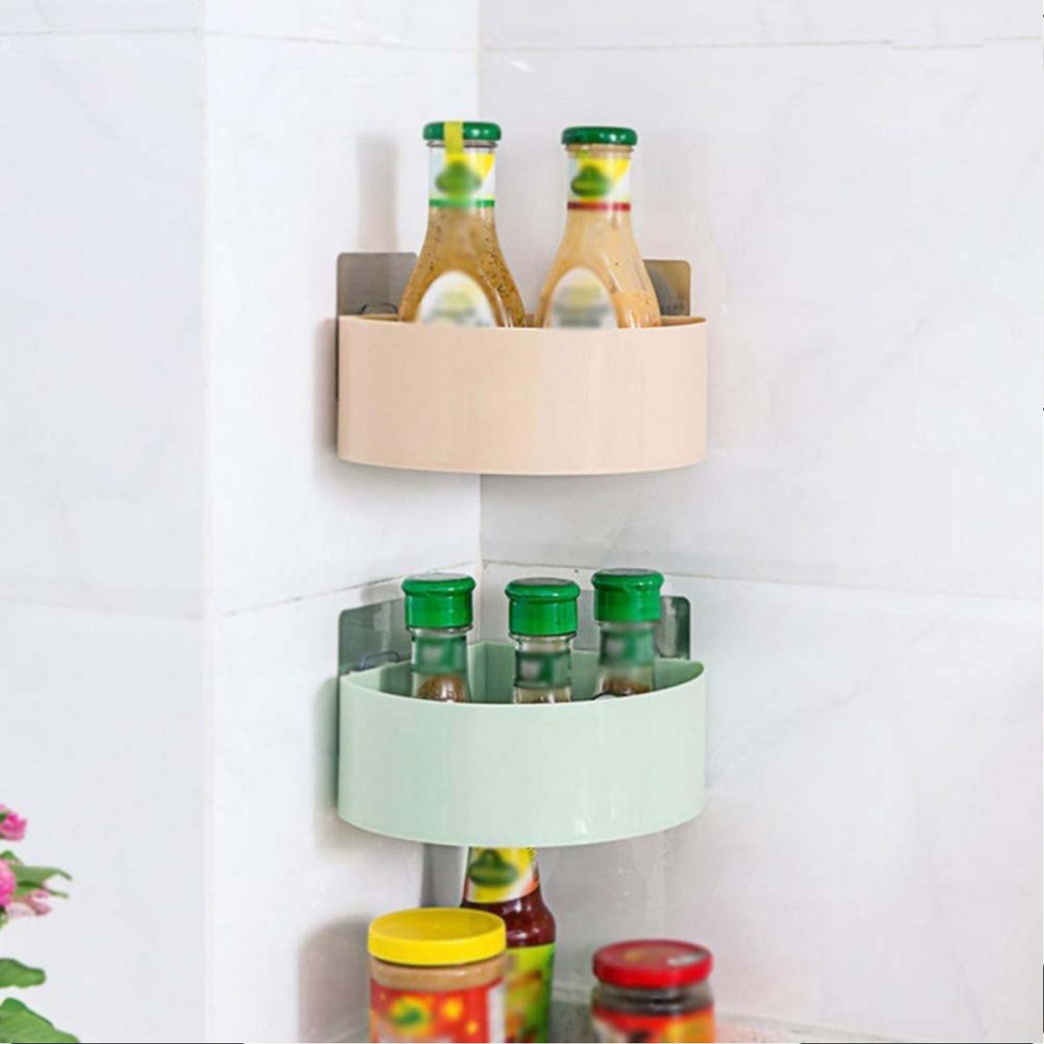 1pc Transparent Plastic Strip With 4 Hooks, Corner Shower Caddy,  Wall-mounted Rotating Storage Rack, Self-adhesive U-shaped Floating Shelf,  Kitchen Seasoning Organizer